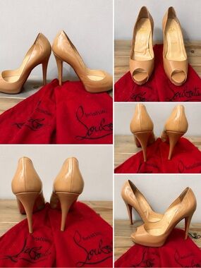 Christian Louboutin Beige Patent Peep-Toe Pumps